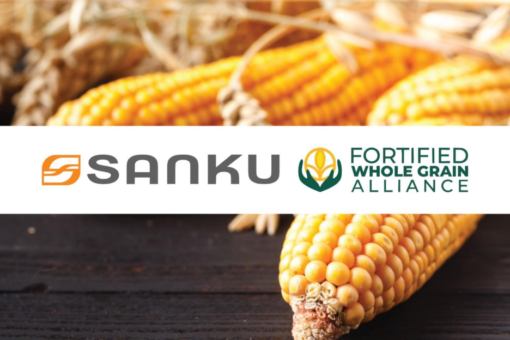 corn in the background with the Sanku and Fortified Grain Alliance logos