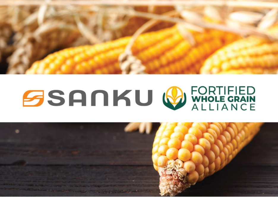 corn in the background with the Sanku and Fortified Grain Alliance logos
